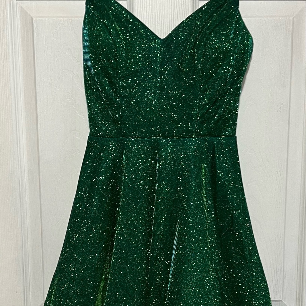 Green Shimmer Skater Dress Spaghetti Strap Party Dress - Picture 3 of 4